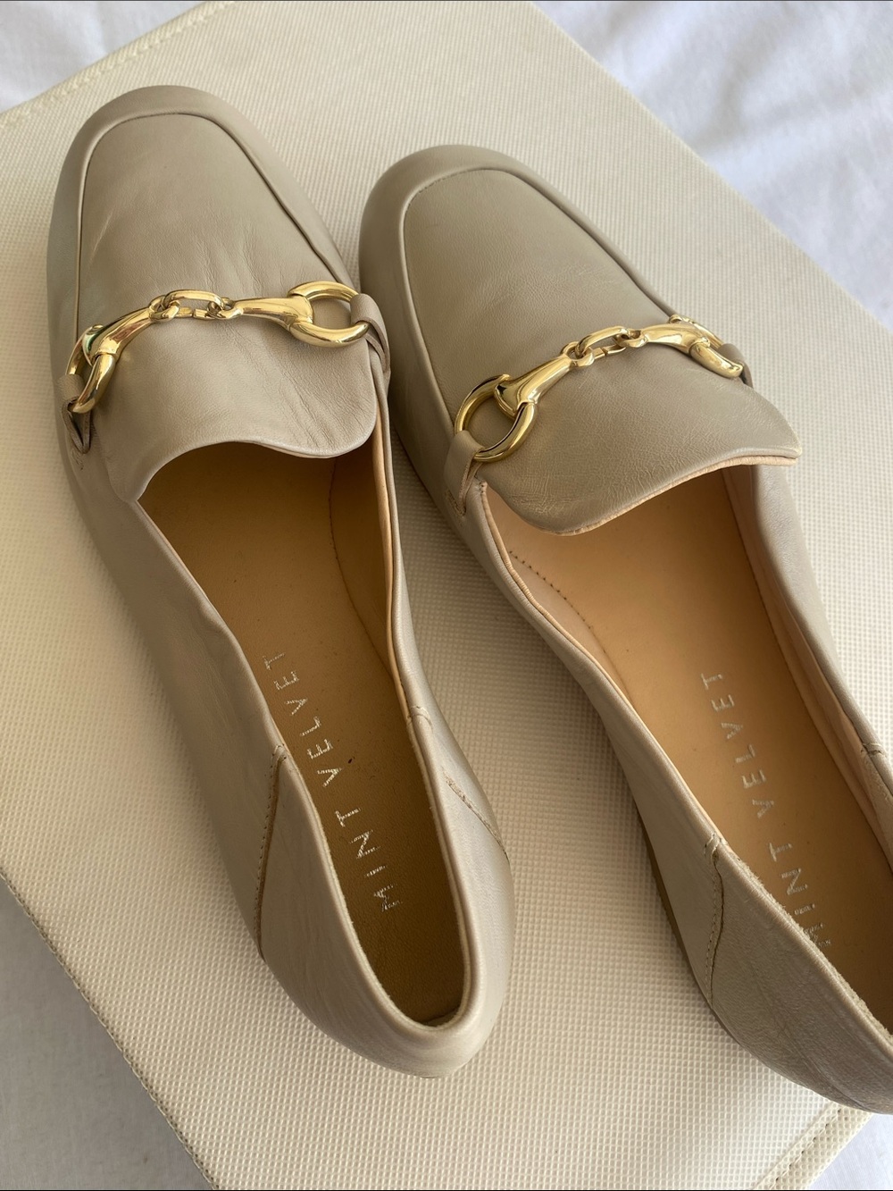 Mint Velvet Beige Leather Loafers with Gold Chain Detail